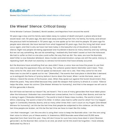 Elie Wiesel’ Silence: Critical Essay