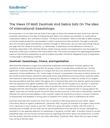 Zwolinski and Satz on International Sweatshops