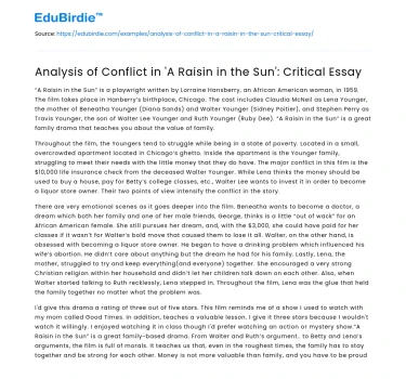 Analysis of Conflict in ‘A Raisin in the Sun’: Critical Essay