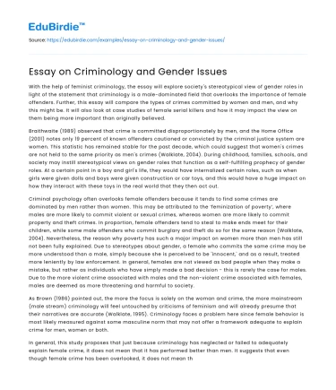 Essay on Criminology and Gender Issues