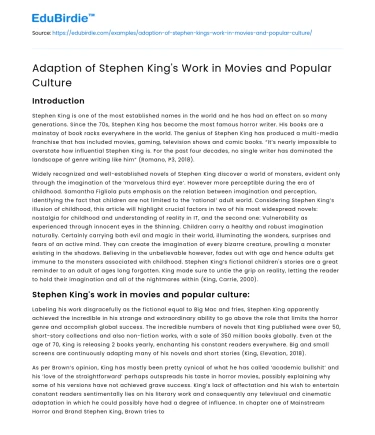 Adaption of Stephen King’s Work in Movies and Popular Culture