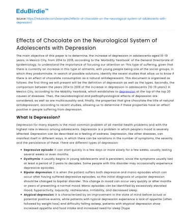 Chocolate’s Impact on Adolescent Depression’s Neurological System