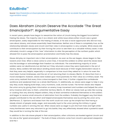 Lincoln: The Great Emancipator?