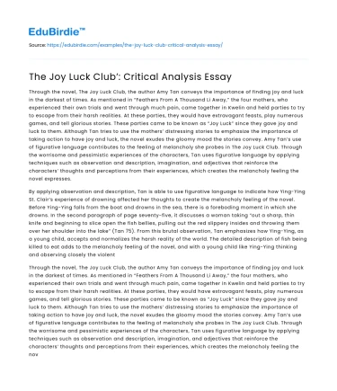 The Joy Luck Club’: Critical Analysis Essay