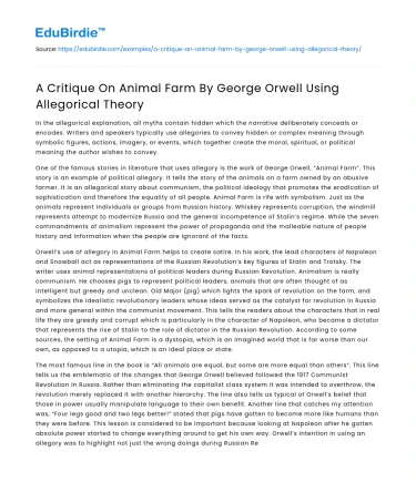 A Critique On Animal Farm By George Orwell Using Allegorical Theory