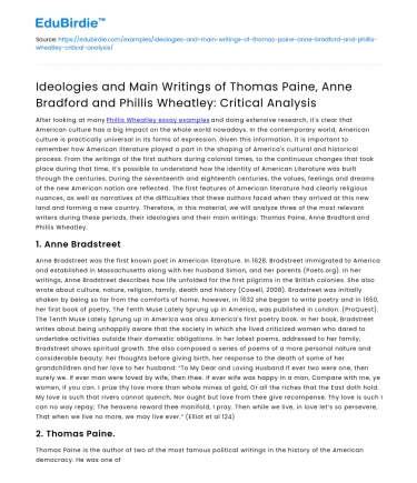 Critical Analysis of Paine, Bradford, and Wheatley’s Ideologies