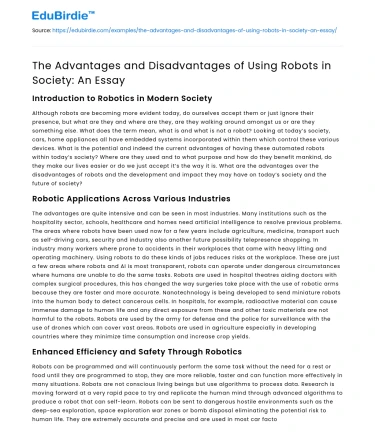 The Advantages and Disadvantages of Using Robots in Society: An Essay