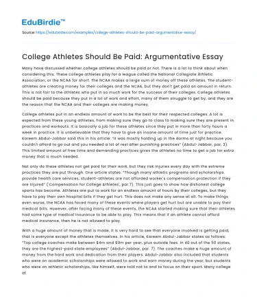 College Athletes Should Be Paid: Argumentative Essay