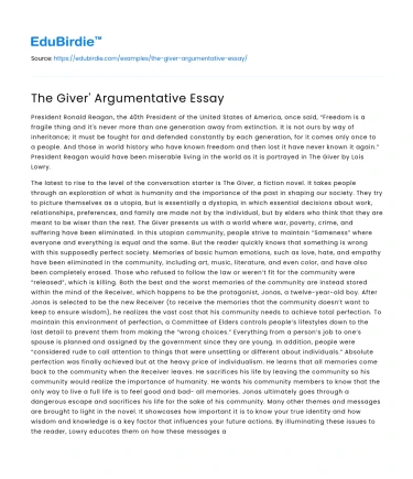 The Giver’ Argumentative Essay