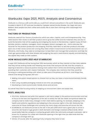 Starbucks: Expo 2021, PESTL Analysis and Coronavirus