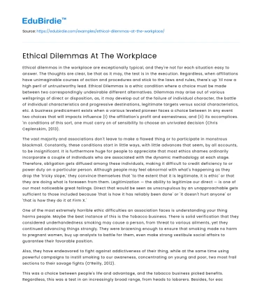 Ethical Dilemmas At The Workplace