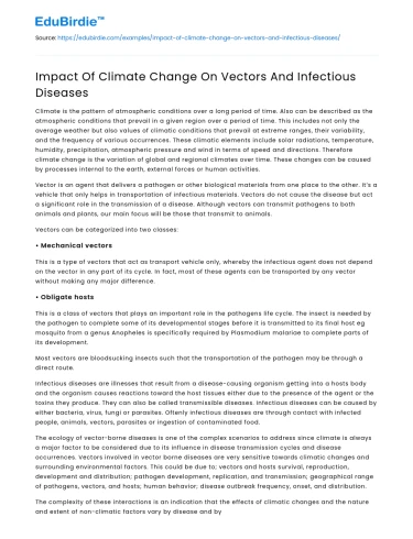 Impact Of Climate Change On Vectors And Infectious Diseases