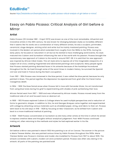 Essay on Pablo Picasso: Critical Analysis of Girl before a Mirror