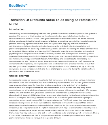 Transition Of Graduate Nurse To As Being As Professional Nurse