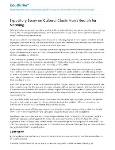 Expository Essay on Cultural Clash: Man’s Search for Meaning