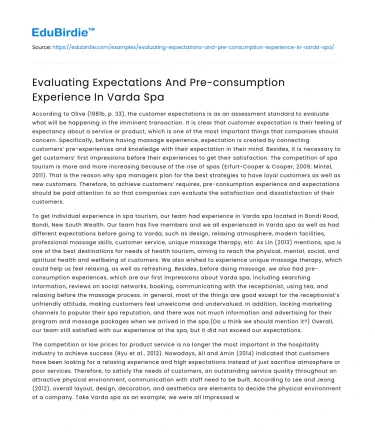 Evaluating Expectations And Pre-consumption Experience In Varda Spa