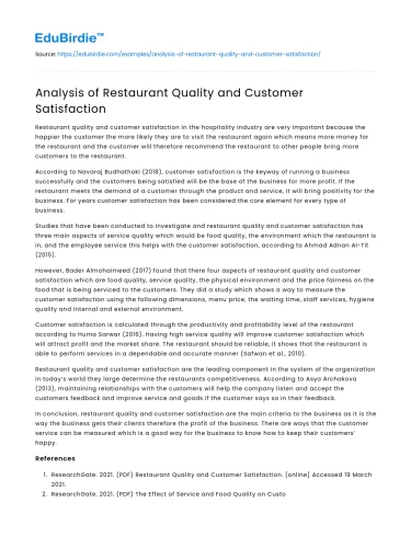 Analysis of Restaurant Quality and Customer Satisfaction