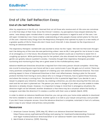 End of Life: Self Reflection Essay