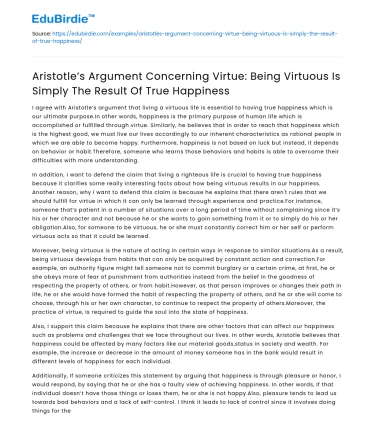 Aristotle: Virtue is Result of True Happiness