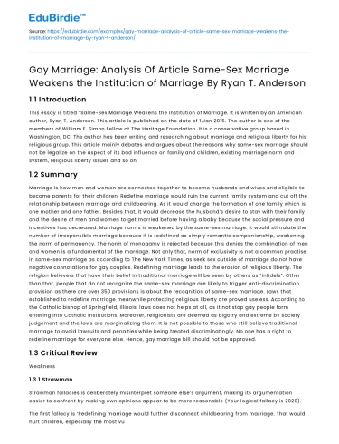 Gay Marriage: Impact Analysis of Same-Sex Marriage Article by Anderson