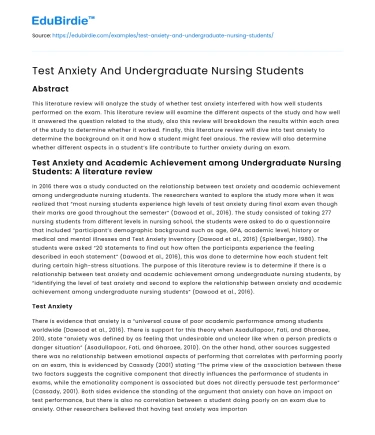 Test Anxiety And Undergraduate Nursing Students