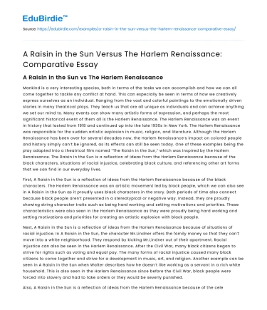 A Raisin in the Sun Versus The Harlem Renaissance: Comparative Essay