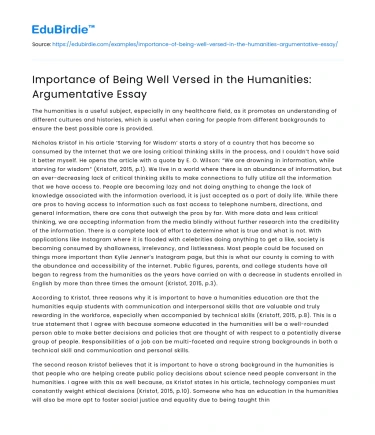 Importance of Being Well Versed in the Humanities: Argumentative Essay