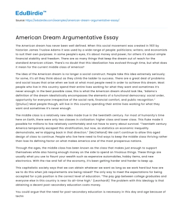 American Dream Argumentative Essay