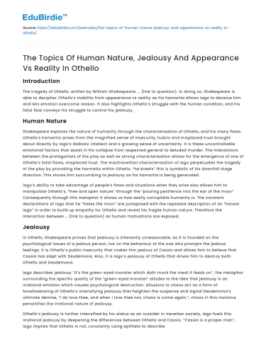 The Topics Of Human Nature, Jealousy And Appearance Vs Reality In Othello