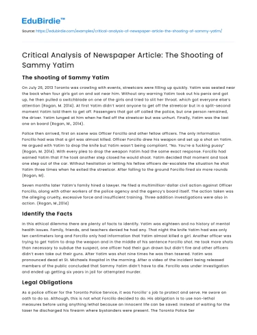 Critical Analysis of Newspaper Article: The Shooting of Sammy Yatim