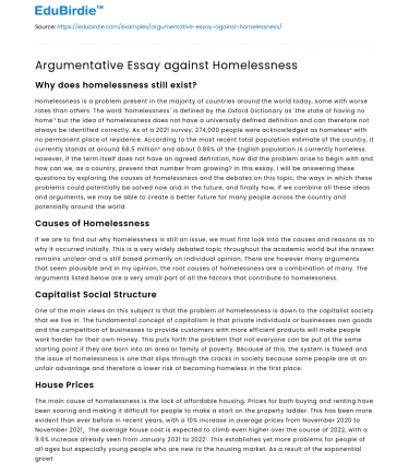Argumentative Essay against Homelessness