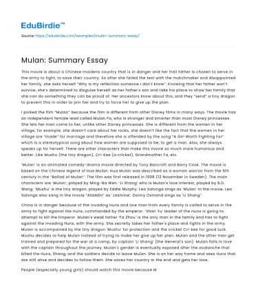 Mulan: Summary Essay