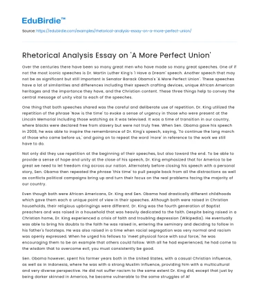 Rhetorical Analysis Essay on ‘A More Perfect Union’