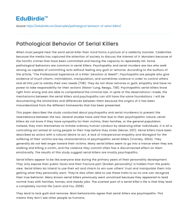 Pathological Behavior Of Serial Killers