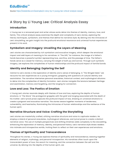 A Story by Li Young Lee: Critical Analysis Essay
