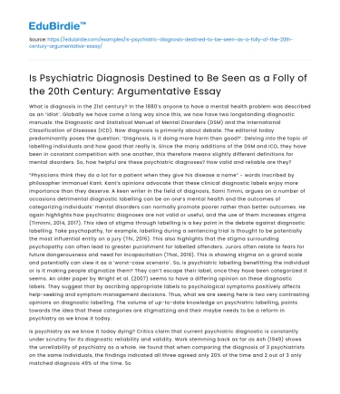 Psychiatric Diagnosis: Folly of 20th Century? Argumentative Essay