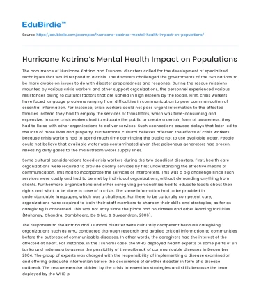 Hurricane Katrina’s Mental Health Impact on Populations