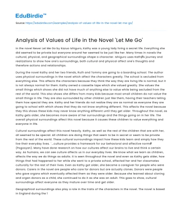 Analysis of Values of Life in the Novel ‘Let Me Go’