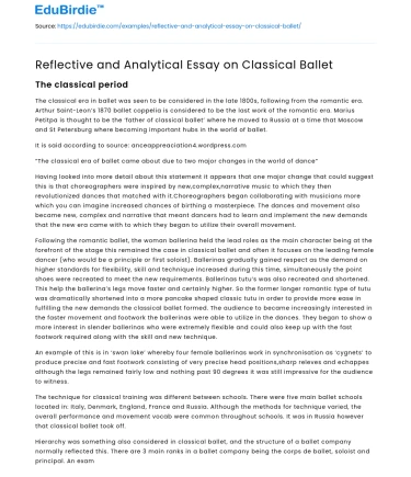 Reflective and Analytical Essay on Classical Ballet
