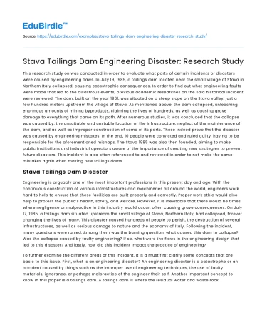 Stava Tailings Dam Engineering Disaster: Research Study