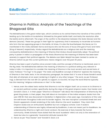 Dharma in Politics: Analysis of the Teachings of the Bhagavad Gita