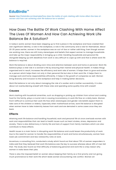 Impact of Work-Home Battle on Women; Achieving Balance