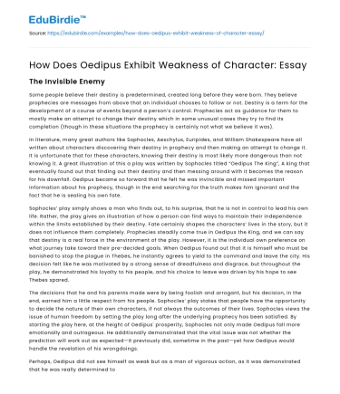 How Does Oedipus Exhibit Weakness of Character: Essay
