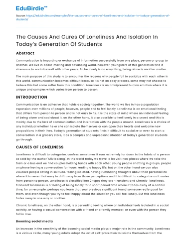 Causes & Cures of Loneliness in Today’s Students