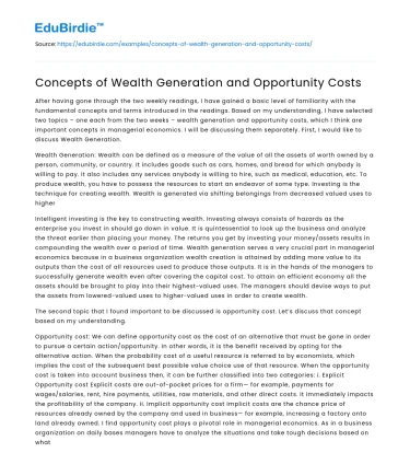 Concepts of Wealth Generation and Opportunity Costs