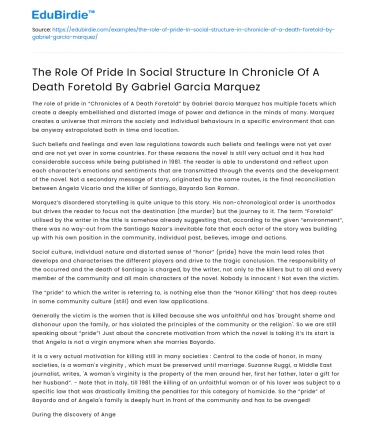 Pride’s Role in Social Structure in Chronicle of A Death Foretold