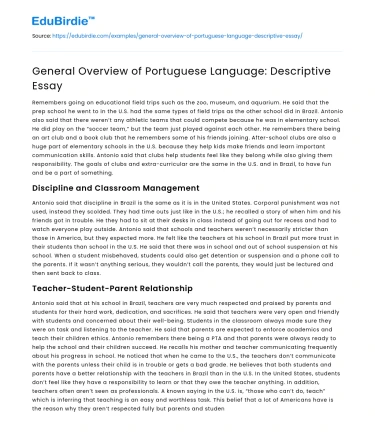 General Overview of Portuguese Language: Descriptive Essay