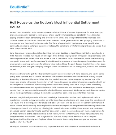 Hull House as the Nation’s Most Influential Settlement House