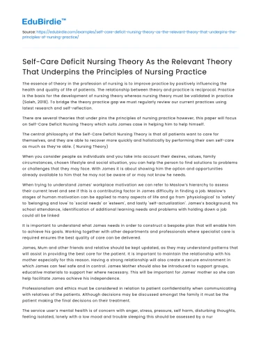 Self-Care Deficit Nursing Theory: Key to Nursing Practice