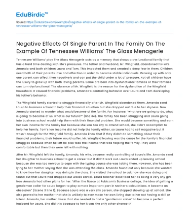 Negative Effects of Single Parenting in The Glass Menagerie